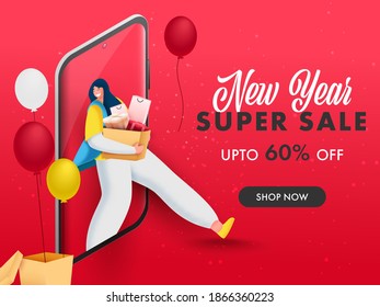 Bis zu 60 % Rabatt bei Super-Sale-Poster-Design für Neujahr mit Kundeninnen Shopping auf Smartphone.