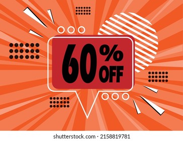 60% off. Orange banner with 60 percent discount on a red and black balloon for mega big sales.
