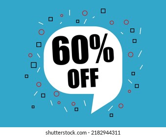 60% off promotion. Price reduction banner for web. White discount balloon on blue background.