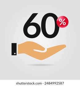 60% off promotion. Sixty percent of discount with hand icon. Sale symbol. Discount creative composition. Vector illustration.