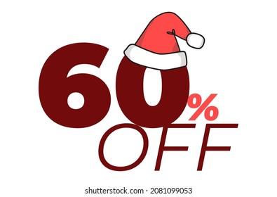 60% off. Promotion tag for christmas. number percent with Santa Claus hat. eps 10
