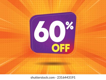 60% off. Purple flag with sixty percent off. Vector illustration for sales with special offers for retail. Colors: white, purple, yellow and orange