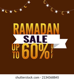 UP TO 60% Off For Ramadan Sale Poster Design With Islamic Ornament Garland In Brown Color.