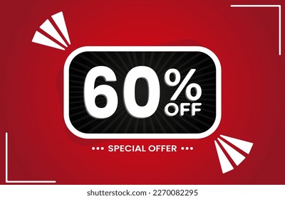 60% off. Red banner with 60 percent discount on a black balloon for mega big sales. 60% sale