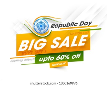 UP TO 60% Off For Republic Day Big Sale Poster Design With Ashoka Wheel.