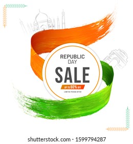 Up To 60% Off for Republic Day Sale, Advertising Poster Design with Saffron and Green Brush Strokes and Sketching Famous Monument of India.