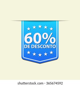 60% Off ribbon label. Blue color. Portuguese language. Vector illustration.