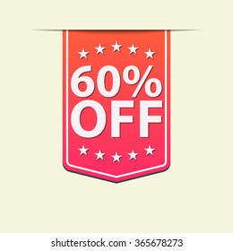 60% Off ribbon label. Red color. Vector illustration.