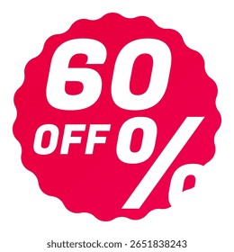 60% Off Round starbursts em ziguezague forma ícone distintivo de vendas na cor vermelha, conceito de etiqueta de compras para etiquetas de vendas. Design plano colorido para anúncios de aplicativo botão da web elementos de ui ux isolados no fundo branco