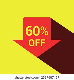 60% off sale arrow tag icons. Sixty percent off, discount flat arrow icon. Special offer symbol. Yellow and red. Vector illustration.