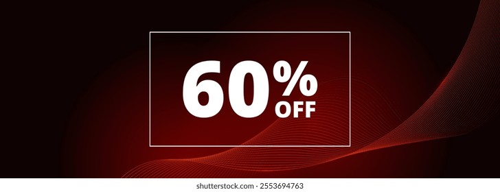 60 off sale banner. Abstract red glowing wavy lines on black wide background. 60 percent off holiday sale discount. Vector illustration