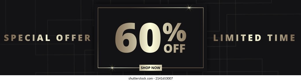 60 off sale banner. Special offer limited time 60 percent off. Sale discount offer. Luxury promotion banner with golden typography sixty percent discount on black background. Vector illustration