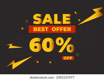 60% off sale best offer. Sale banner with sixty percent of discount, coupon or voucher vector illustration. Yellow and red template for campaign or promotion.