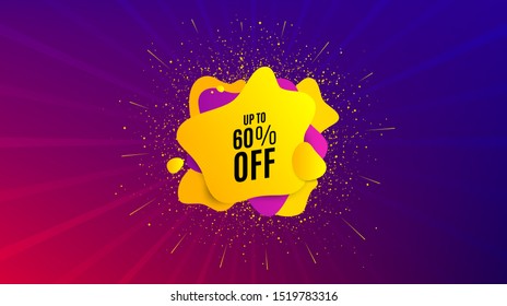 Up to 60% off Sale. Dynamic text shape. Discount offer price sign. Special offer symbol. Save 60 percentages. Geometric vector banner. Discount tag text. Gradient shape badge. Vector