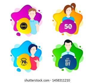 Up to 60% off Sale. People shape offer badge. Discount offer price sign. Special offer symbol. Save 60 percentages. Dynamic shape offer. Worker person badge. Cut out people coupon. Vector