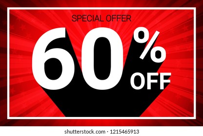 60% OFF Sale. White color 3D text and black shadow on red burst background design. Discount special offer promo advertising concept vector illustration.