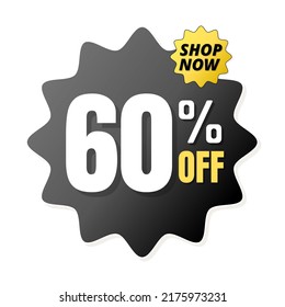 60% off shop now, Black and yellow 3D super discount sticker, sale. vector illustratio