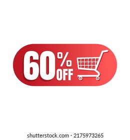 60% off, shopping cart icon, Super discount sale, design in 3D red vector illustration.