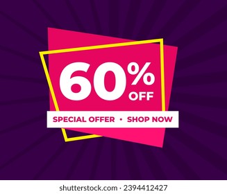 60% off, sixty percent, special offer, shop now. Background Label. Purple and pink. Discount special offer. Banner with offer emblem. Modern concept design. Vector illustration.