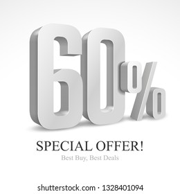 60% Off Special Offer Silver 3D Digits Banner, Template Sixty Percent. Sale, Discount. Grayscale, Metal, Gray, Glossy Numbers. Illustration Isolated On White Background. Ready For Your Design. Vector