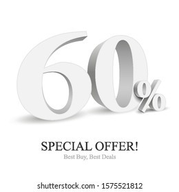 60% Off Special Offer Silver 3D Digits Banner, Template Sixty Percent. Sale, Discount. Grayscale, Metal, Gray, Glossy Numbers. Illustration Isolated On White Background. Ready For Your Design. Vector
