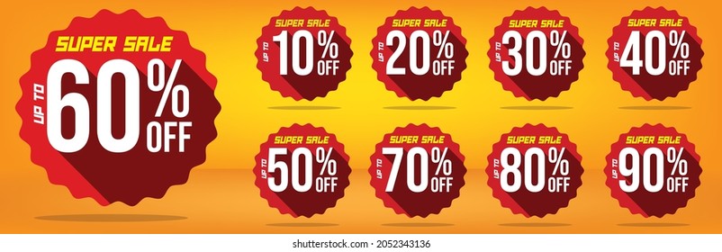 60% up to off super sale banner, tags red and brown circle 60 percent, 10, 20, 30, 40, 50, 60, 70, 80, 90 with with yellow and orange background design
