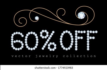 60% off, vector sale banner with diamond jewelry letters and gold jewellery decorative flourish on black