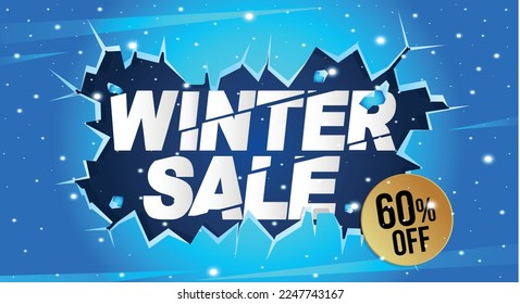 60% off. Winter banner with sixty percent discount on a blue balloon for winter sales.