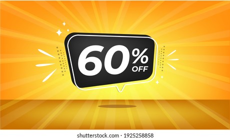 60% de descuento. Banner amarillo con un sesenta por ciento de descuento en un globo negro para grandes ventas.