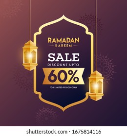 UP TO 60% Offer for Ramadan Kareem Sale Poster Design Decorated with Hanging Golden Illuminated Lantern.