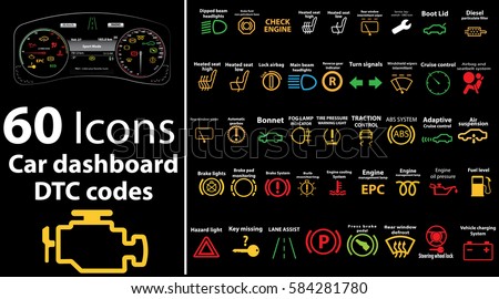 60 pack icons - Car dashboard, dtc codes, error message, check engine, fault, dashboard vector illustration, gas level, air suspension, collection, warnings, EPS 10 