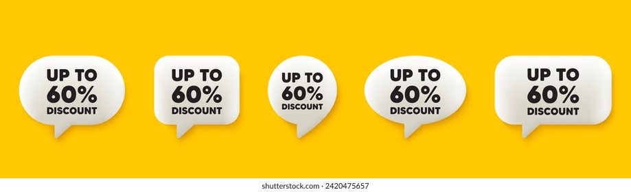 Up to 60 percent discount. 3d chat speech bubbles set. Sale offer price sign. Special offer symbol. Save 60 percentages. Discount tag talk speech message. Talk box infographics. Vector