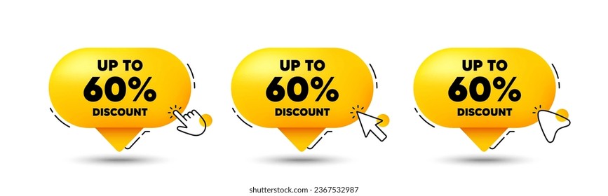 Up to 60 percent discount. Click here buttons. Sale offer price sign. Special offer symbol. Save 60 percentages. Discount tag speech bubble chat message. Talk box infographics. Vector