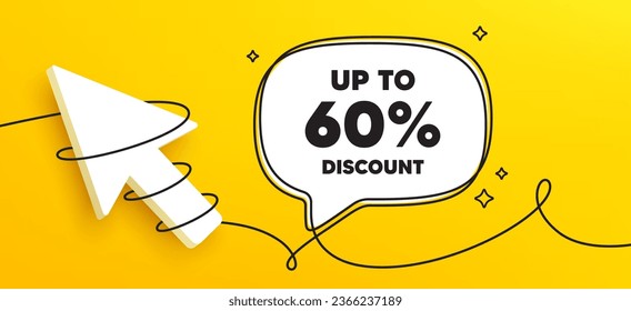 Up to 60 percent discount. Continuous line chat banner. Sale offer price sign. Special offer symbol. Save 60 percentages. Discount tag speech bubble message. Wrapped 3d cursor icon. Vector