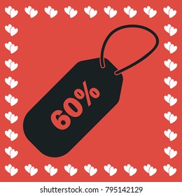 60 percent discount icon flat. Simple black pictogram on red background with white hearts for valentines day. Vector illustration symbol