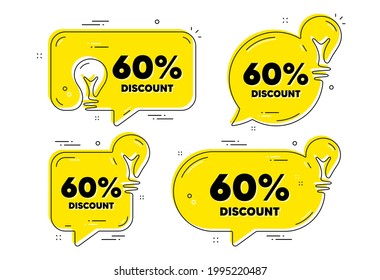 60 percent Discount. Idea yellow chat bubbles. Sale offer price sign. Special offer symbol. Discount chat message banners. Idea lightbulb balloons. Vector