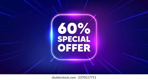 60 percent discount offer tag. Neon light frame box banner. Sale price promo sign. Special offer symbol. Discount neon light frame message. Vector