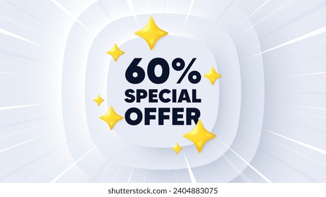 60 percent discount offer tag. Neumorphic banner with sunburst. Sale price promo sign. Special offer symbol. Discount message. Banner with 3d stars. Circular neumorphic template. Vector