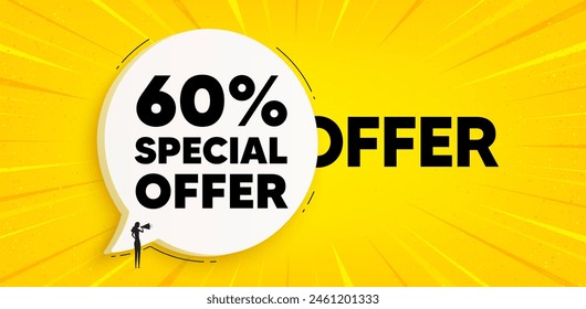 60 percent discount offer tag. Chat speech bubble banner. Sale price promo sign. Special offer symbol. Discount speech bubble message. Talk box background. Vector