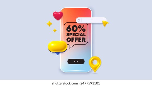 60 percent discount offer tag. Social media phone app banner. Sale price promo sign. Special offer symbol. Social media search bar, like, chat 3d icons. Discount message. Vector