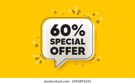 60 percent discount offer tag. 3d speech bubble yellow banner. Sale price promo sign. Special offer symbol. Discount chat speech bubble message. Talk box infographics. Vector