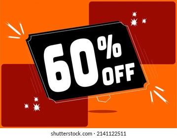 -60 percent discount. 60% discount. Up to 60%. Orange and red banner with floating balloon for promotions and offers.  Vector. Discount and offer board.