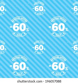 60 percent discount sign icon. Sale symbol. Special offer label. Seamless diagonal lines texture. Blue grunge texture background. Vector