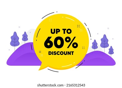 Hasta un 60% de descuento. Globo de chat de burbuja de discursos. Señal de precio de oferta de venta. Símbolo de oferta especial. Ahorra 60 por ciento. Mensaje de etiqueta de descuento de llamadas. Nube de diálogo de voz. Vector