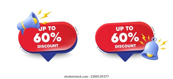 Hasta un 60% de descuento. Burlas de voz con timbre 3d, megáfono. Señal de precio de oferta de venta. Símbolo de oferta especial. Ahorra 60 por ciento. Mensaje de conversación de etiqueta de descuento. Cuadro de diálogo de oferta roja. Vector