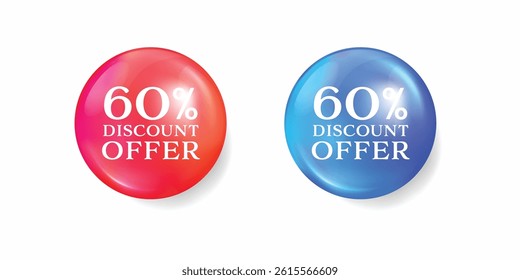 60 percent discount tag. 3D Round sticker badge with offer message.