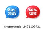 60 percent discount tag. Chat speech bubble 3d icons. Sale offer price sign. Special offer symbol. Discount chat offer. Speech bubble banners set. Text box balloon. Vector