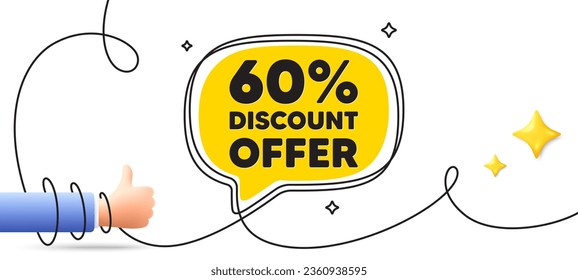 etiqueta de descuento del 60%. Banner continuo de arte en línea. Señal de precio de oferta de venta. Símbolo de oferta especial. Fondo de burbuja de habla de descuento. Icono de 3d envuelto. Vector