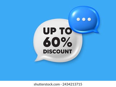 Hasta un 60% de descuento. Iconos 3d de burbuja de voz de cuadro de texto. Precio de oferta de venta. Símbolo de oferta especial. Ahorre 60 porcentajes. Oferta de chat con etiqueta de descuento. Banner de la burbuja del habla. Globo de cuadro de texto. Vector