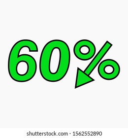 The 60 percent drop green icon. Price drop. Interest rate reduction. Stock symbol. Discount. Markdown of goods. Bonus discount. Vector icon.